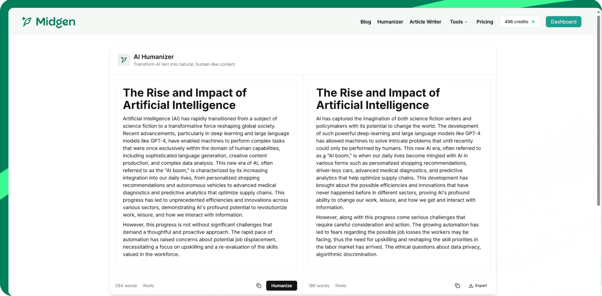 Midgen Humanizer Interface